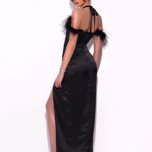 Rina Elegant Black Satin Evening Gown with Feather Shoulder Details High Slit - Picture 3 of 11